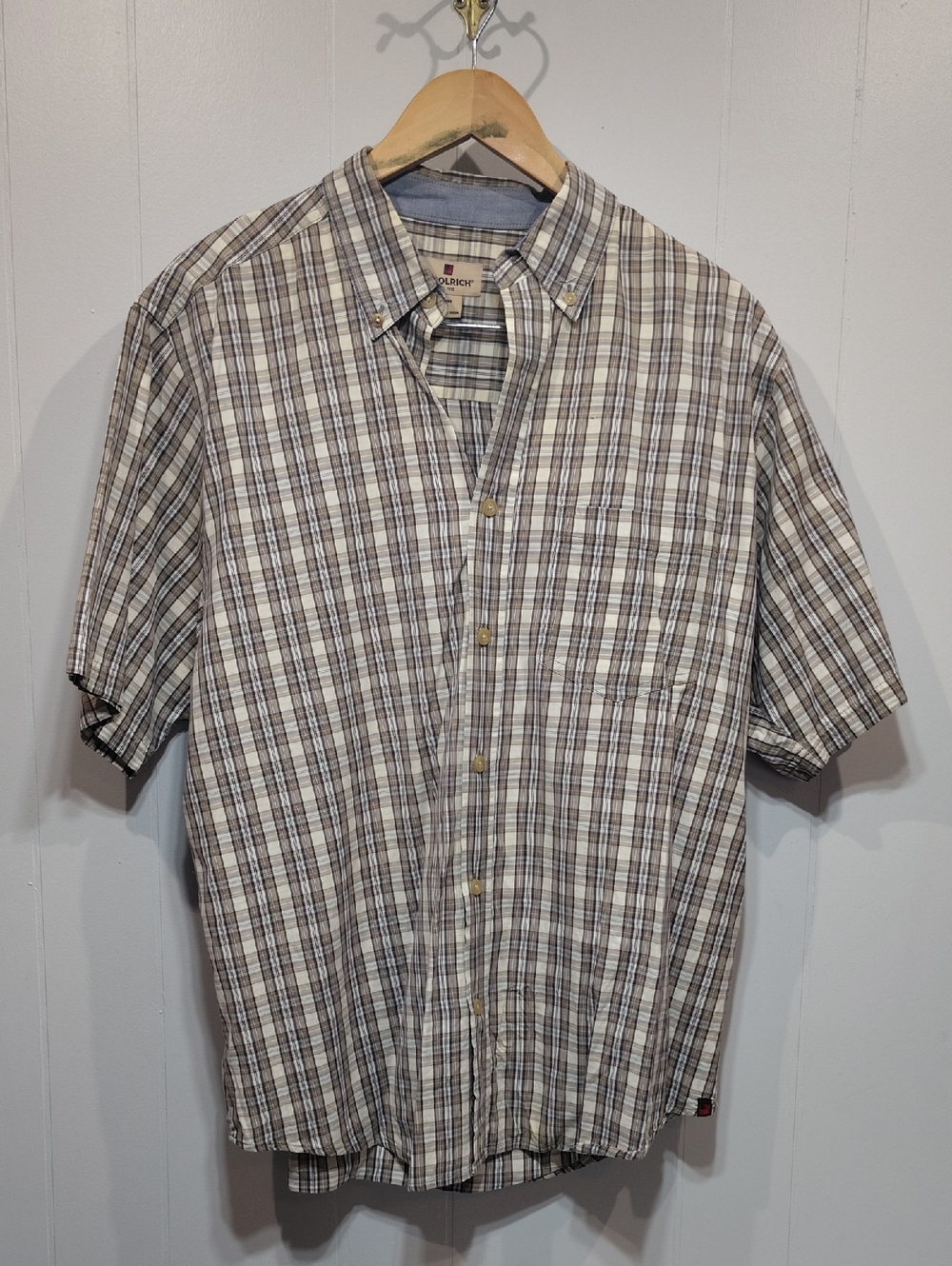 Woolrich Button Down Shirt Green size Large Plaid‎ Casual Lightweight Summer